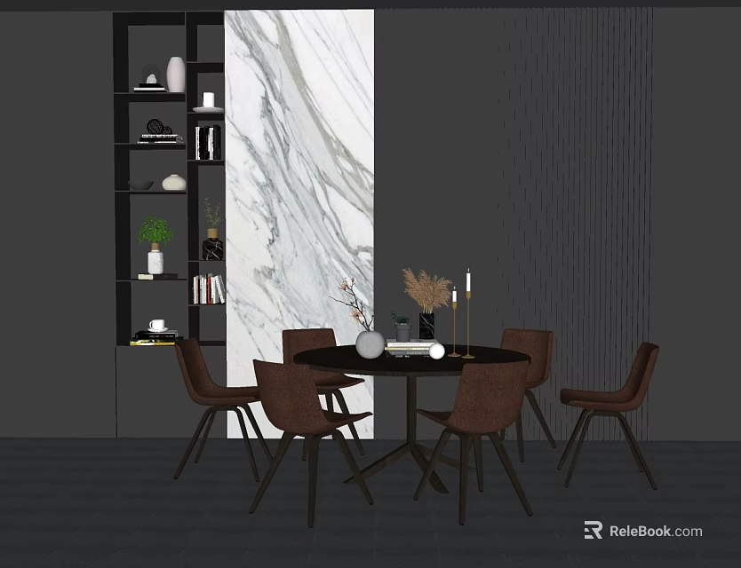 Round Dining Table Set With Brown Chairs Marble Wall And Open Shelf Decor 3d model