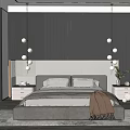 Modern Bedroom Design With Dark Vertical Striped Accent Wall Round Pendant Lights And Gray Bedding