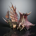 Fantasy Water Transport Ship with Skeleton Horns and Tattered Sails Design