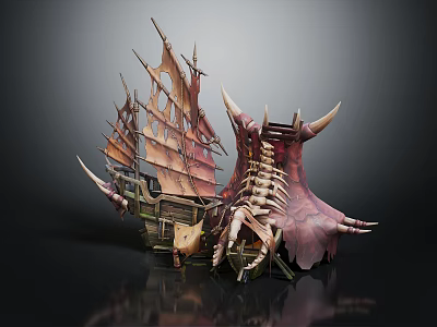 Fantasy Water Transport Ship with Skeleton Horns and Tattered Sails Design 3d model