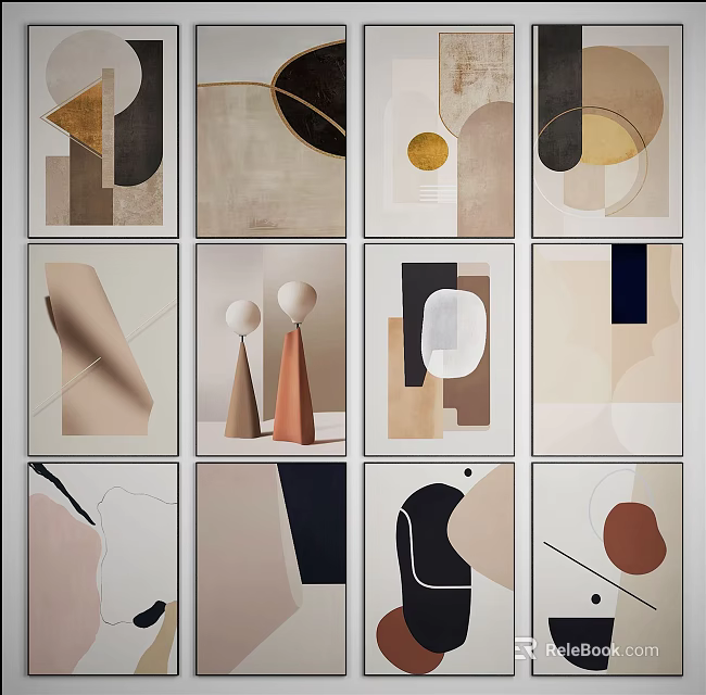 Modern Abstract Geometric Wall Art Paintings With Neutral Tones And Shapes 3d model 