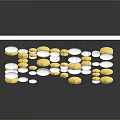 Decorative Ornament Set Featuring Gold Silver Circular Pieces Under White Floating Platform with Reflection