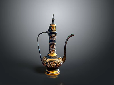 Vintage Traditional Decorative Brass Teapot With Blue Gold Intricate Patterns 3d model