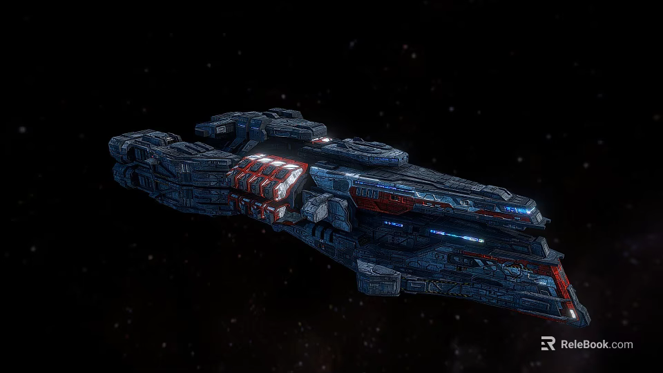 Futuristic Sci Fi Spaceship With Red Blue Lights In Starry Space Background 3d model 