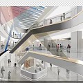 Modern Mall Interior With Multiple Floors Escalators Brand Shops Colorful Ceiling And People Shopping