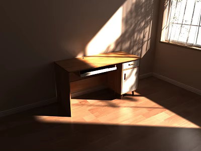 Cozy Furniture Showroom Displaying Wooden Desk With Drawer Cabinet And Sunlight Through Window 3d model