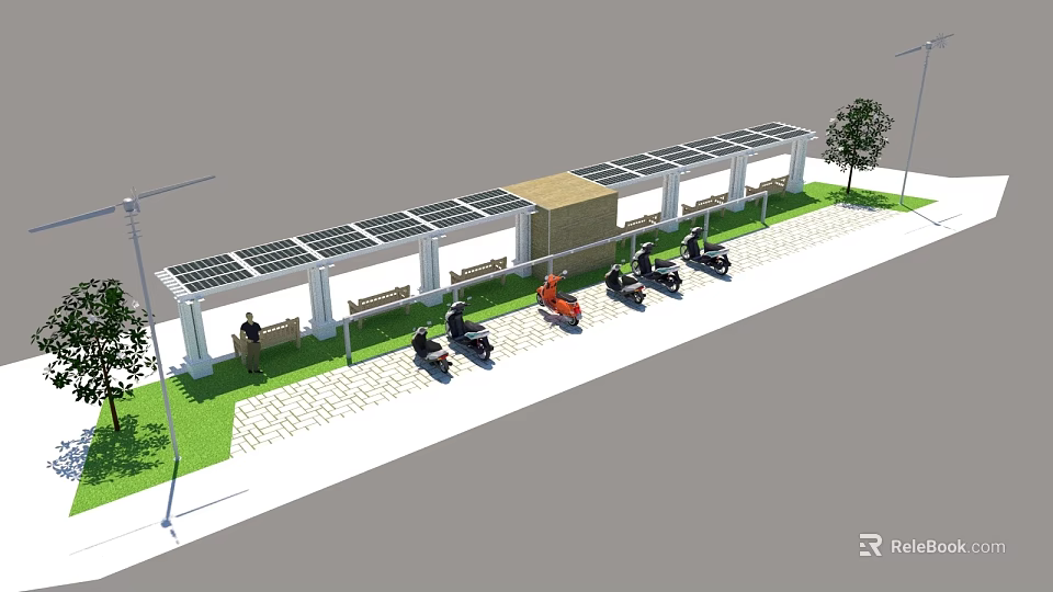 Solar Powered Motorcycle Parking Shelter With Benches Trees And Paved Ground 3d model 