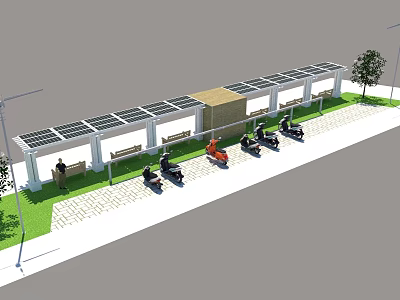 Solar Powered Motorcycle Parking Shelter With Benches Trees And Paved Ground 3d model