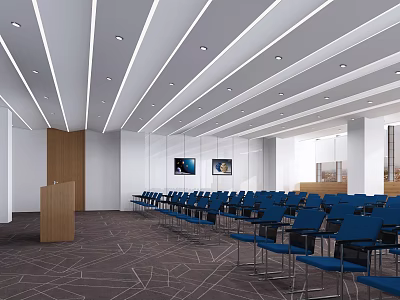 Functional Conference Room Desk With Wooden Surface Blue Chairs TVs And Strip Lights 3d model