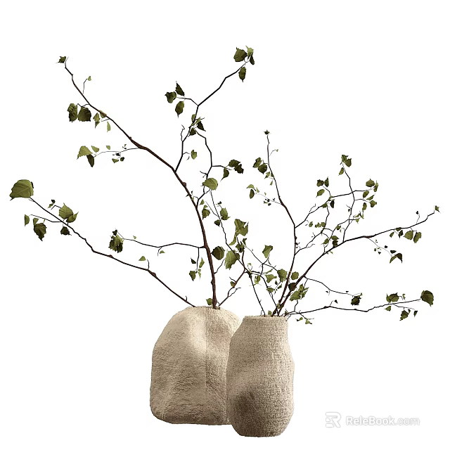 Two Burlap Vases With Green Leaf Branches Against White Background In Natural Minimalist Style 3d model 