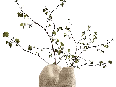 Two Burlap Vases With Green Leaf Branches Against White Background In Natural Minimalist Style 3d model