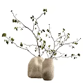 Two Burlap Vases With Green Leaf Branches Against White Background In Natural Minimalist Style