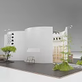 Modern Exhibition Booth with White Curved Walls Green Plants Dark Floor and Display Furniture