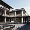 Modern Guesthouse Building With Open Porch Stone Steps Slate Path Pine Trees And Wooden Bench