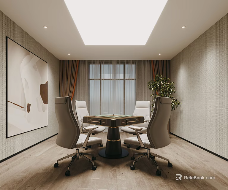 Hotel Mahjong Room Modern Interior Round Table White Chairs Skylight Large Window and Green Plant 3d model 