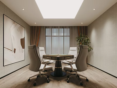Hotel Mahjong Room Modern Interior Round Table White Chairs Skylight Large Window and Green Plant 3d model