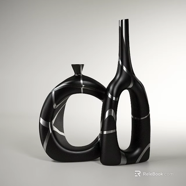 Modern Abstract Black Vases With Silver Lines Decorative Art Piece 3d model 