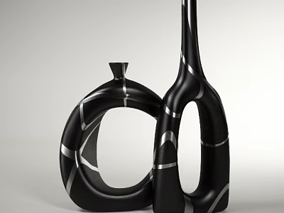 Modern Abstract Black Vases With Silver Lines Decorative Art Piece 3d model