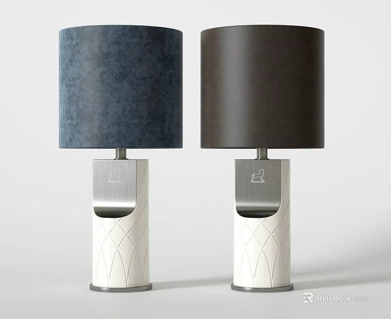 Two Modern Table Lamps with Navy Blue and Black Shades and White Textured Bases 3d model 