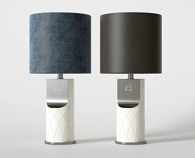 Two Modern Table Lamps with Navy Blue and Black Shades and White Textured Bases 3d model