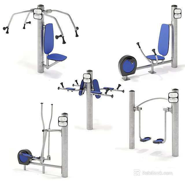 Outdoor Sports Equipment With Blue Seats Silver Frames And Various Exercise Machines 3d model 