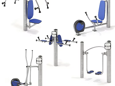 Outdoor Sports Equipment With Blue Seats Silver Frames And Various Exercise Machines 3d model