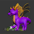 Purple Dragon Figurine With Yellow Horns Wings And Rock Base With White Stones Green Moss