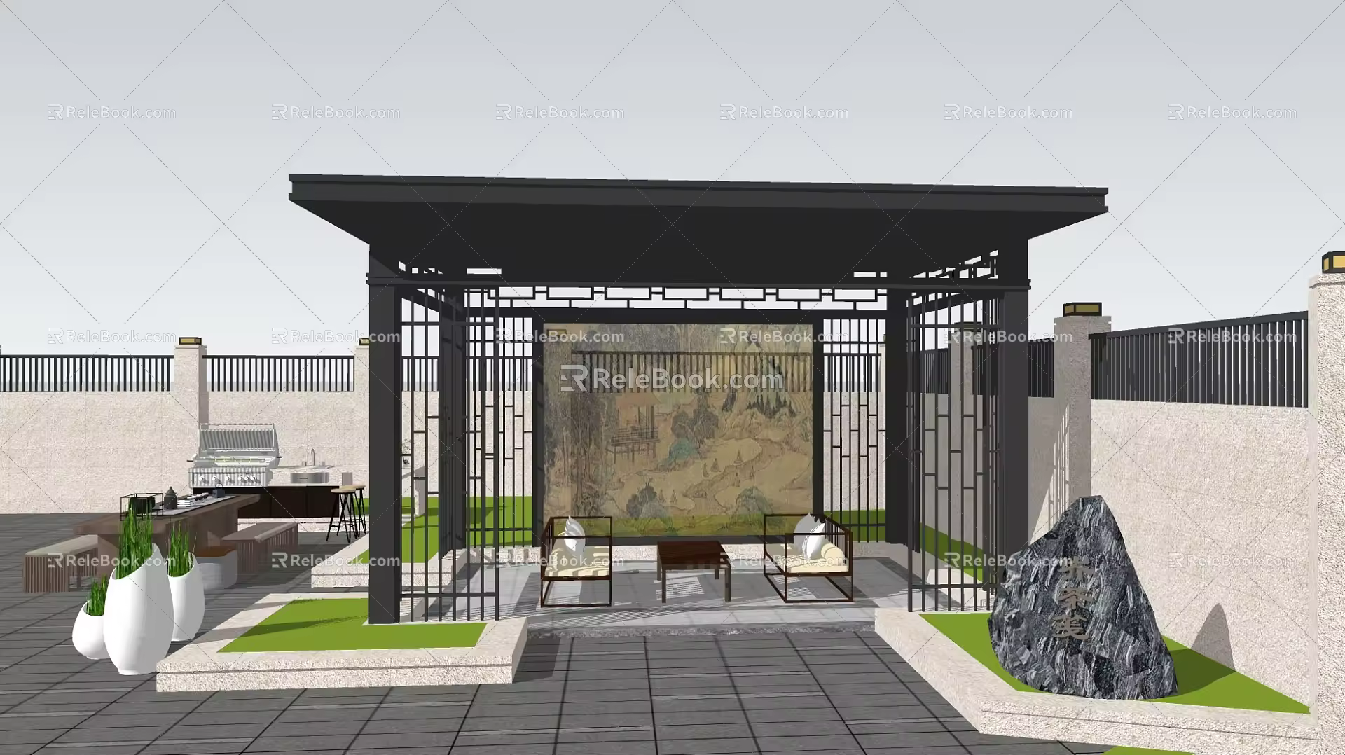 New Chinese style landscape gallery pavilion 3d model