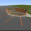 Scenic Waterfront Landscape With Curved Roof Structure Wooden Walkways And Green Lawn