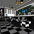 KTV Room Interior With Checkerboard Floor Photo Wall Piano Keyboard Design TV And Pendant Lights