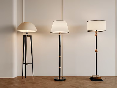Modern Elegant Floor Lamps With Tripod Column Bases White Shades And Gold Accents 3d model