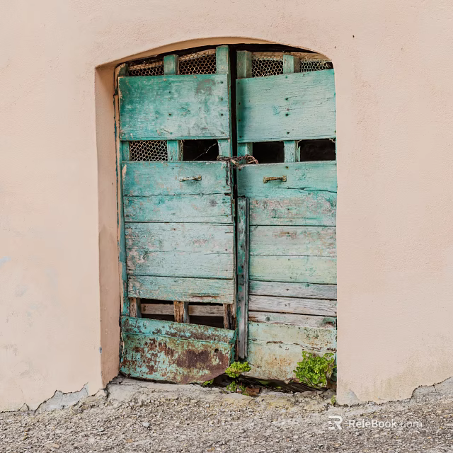 Vintage Turquoise Wooden Double Doors With Grid Windows Peeling Paint And Small Plants 3d model 