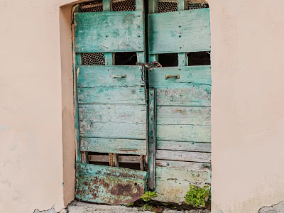 Vintage Turquoise Wooden Double Doors With Grid Windows Peeling Paint And Small Plants 3d model