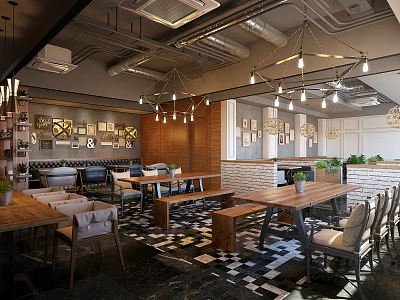 Modern Café Interior Design With Wooden Tables Hanging Pendant Lights Wall Decor And Green Plants 3d model