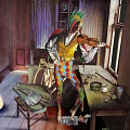 Colorful Clown Game Movie Character With Green Hair Playing Violin In Old Room