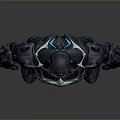 Futuristic Game Character In Black Armored Suit With Blue Glowing Accents