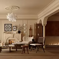 Beige Living Room Interior With Chandelier Fireplace Sofa Coffee Table And Decorative Painting