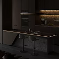 Modern Kitchen Interior With Wooden Island Countertop Bar Stools Lighting And Appliances