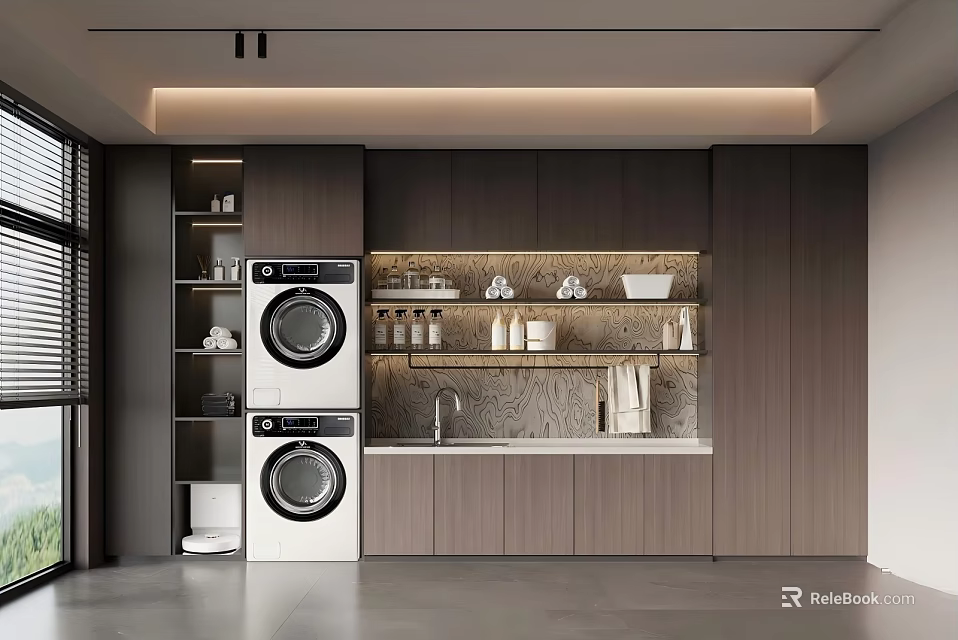 Home Balcony Laundry Area With Stacked Washing Machine Dryer Open Shelves Wooden Cabinets Built-in Lighting 3d model 