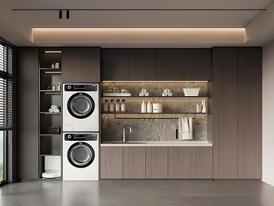Home Balcony Laundry Area With Stacked Washing Machine Dryer Open Shelves Wooden Cabinets Built-in Lighting 3d model