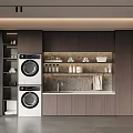 Home Balcony Laundry Area With Stacked Washing Machine Dryer Open Shelves Wooden Cabinets Built-in Lighting