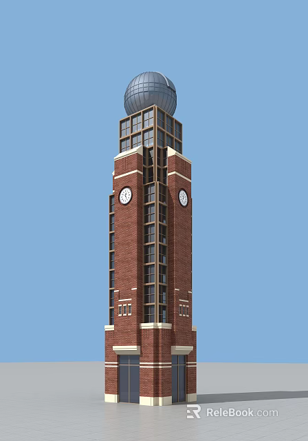 Tall Brick Tower With Double Faced Clocks And Multi Story Windows Design 3d model 