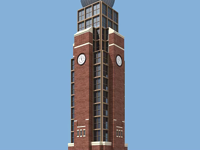 Tall Brick Tower With Double Faced Clocks And Multi Story Windows Design 3d model