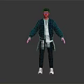3D Character Wearing Green Jacket Plaid Shirt Blue Pants White Sneakers Black Cap Red Glasses