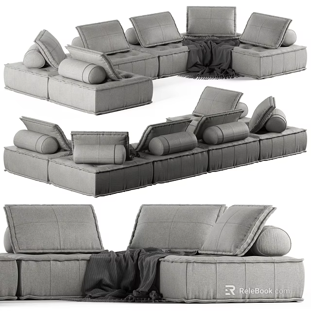 Modern Gray Modular Sectional Sofa With Comfortable Cushions And Throw Blanket 3d model