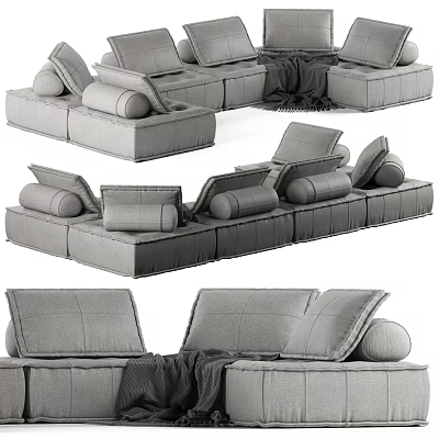 Modern Gray Modular Sectional Sofa With Comfortable Cushions And Throw Blanket 3d model