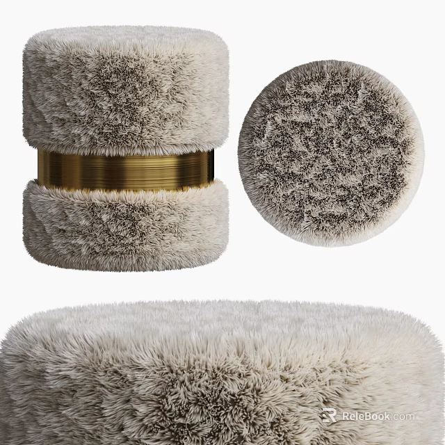 Fluffy Light Beige Ottoman With Golden Decorative Ring And Soft Plush Surface 3d model 