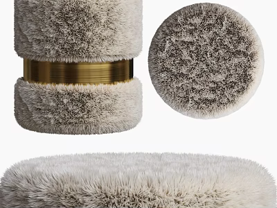 Fluffy Light Beige Ottoman With Golden Decorative Ring And Soft Plush Surface 3d model