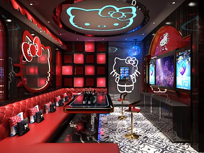 Hello Kitty Themed KTV Interior With Red Sofa TV Screens Lighting And Decor 3d model