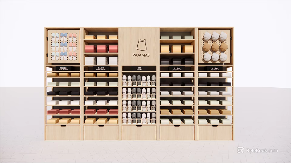 Wooden Retail Display Shelves With Multiple Layers Holding Various Colored Products 3d model 